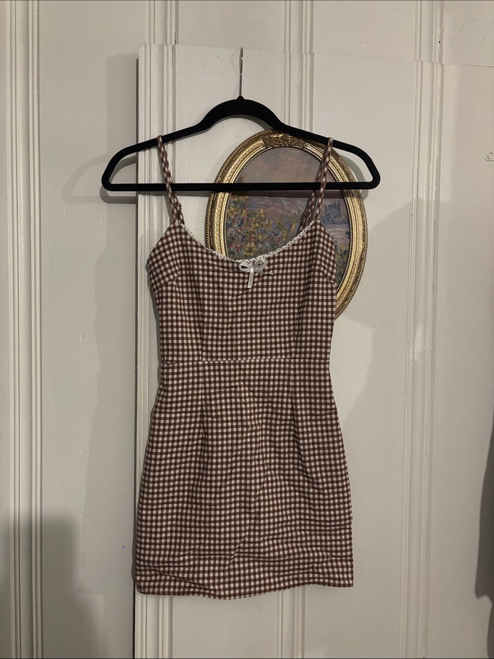 Urban Outfitters Brown Gingham Spaghetti Strap Mini Dress